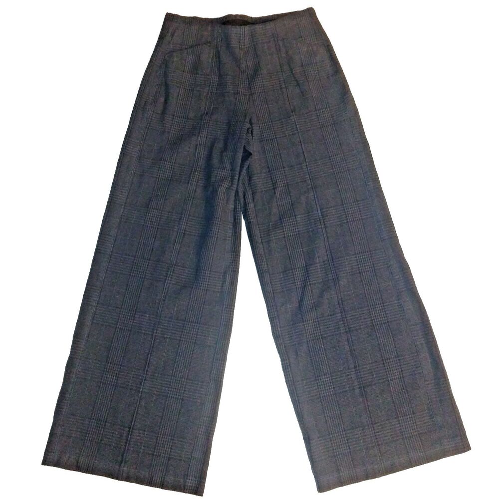 Old Navy Wide Leg Pants Brown/blue Plaid Small High Rise Elastic Waist Pockets